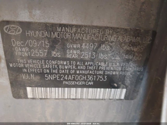 Aukcja sprzedaży 2016 Hyundai Sonata Se, vin: 5NPE24AF0GH361753, numer aukcji: 45653787