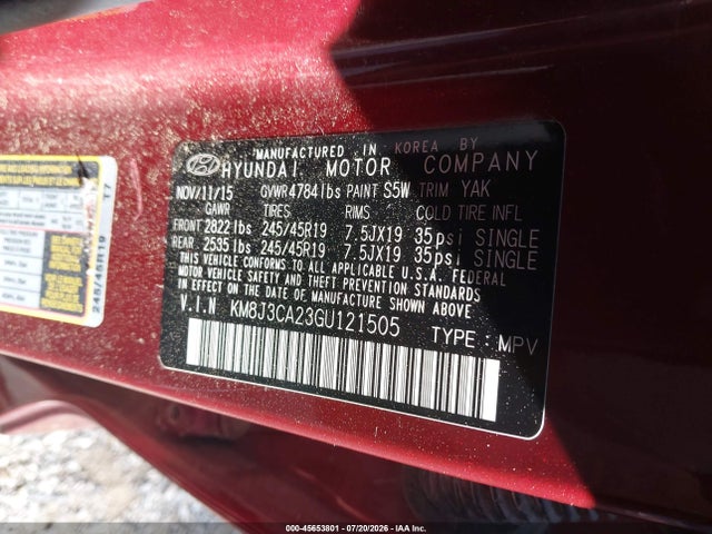 Продажа на аукционе авто 2016 Hyundai Tucson Limited, vin: KM8J3CA23GU121505, номер лота: 45653801