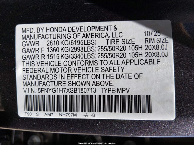 Aukcja sprzedaży 2025 Honda Pilot Touring, vin: 5FNYG1H7XSB180713, numer aukcji: 45653806