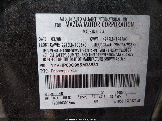 2008 Mazda Mazda6 I Sport Ve მანქანა იყიდება აუქციონზე, vin: 1YVHP80C985M38533, აუქციონის ნომერი: 45653808
