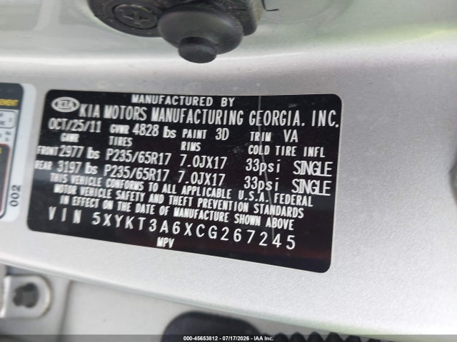 Продажа на аукционе авто 2012 Kia Sorento Lx, vin: 5XYKT3A6XCG267245, номер лота: 45653812