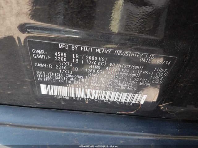 2014 Subaru Outback 2.5i Premium მანქანა იყიდება აუქციონზე, vin: 4S4BRBCC8E3325741, აუქციონის ნომერი: 45653830