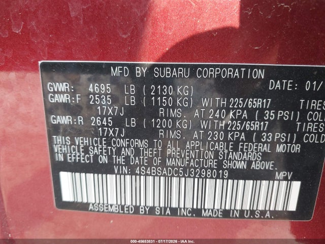 Продажа на аукционе авто 2018 Subaru Outback 2.5i Premium, vin: 4S4BSADC5J3298019, номер лота: 45653831