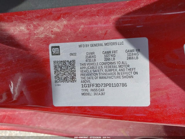 45653847 :رقم المزاد ، 1G1FF3D73P0110786 vin ، 2023 Chevrolet Camaro Rwd  1ss مزاد بيع