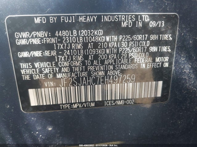 Продажа на аукционе авто 2014 Subaru Forester 2.5i Limited, vin: JF2SJAHC7EH497259, номер лота: 45653852
