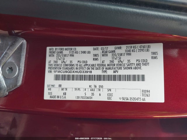 Ford ESCAPE SE 2017 1FMCU9GDXHUD33918 Image 9