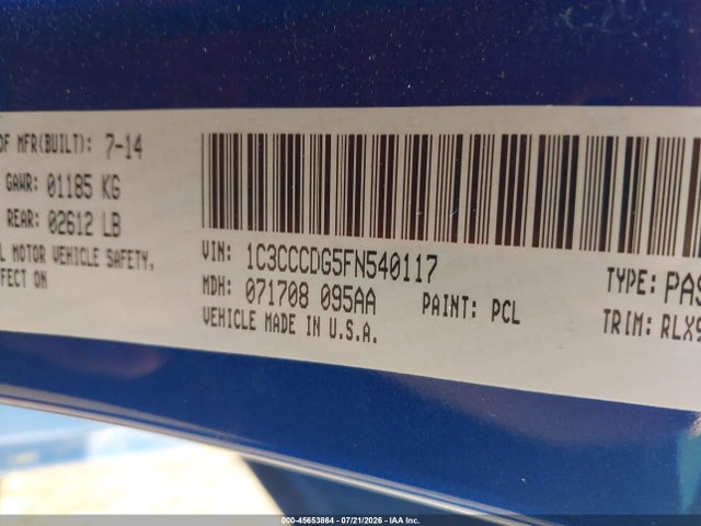 Aukcja sprzedaży 2015 Chrysler 200 S, vin: 1C3CCCDG5FN540117, numer aukcji: 45653864