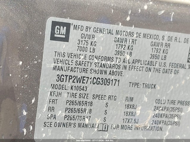 2012 Gmc Sierra 1500 Slt მანქანა იყიდება აუქციონზე, vin: 3GTP2WE71CG309171, აუქციონის ნომერი: 45653880