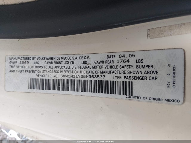 Продаж на аукціоні авто 2005 Volkswagen New Beetle Gls, vin: 3VWCM31Y25M363537, номер лоту: 45653891