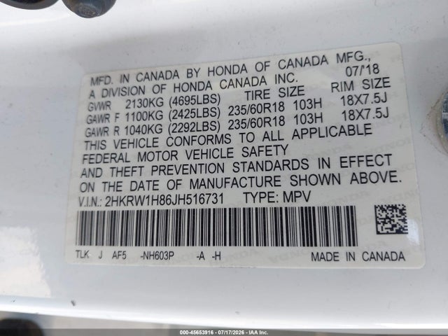 2HKRW1H86JH516731 Honda Cr-v Ex-l/ex-l Navi