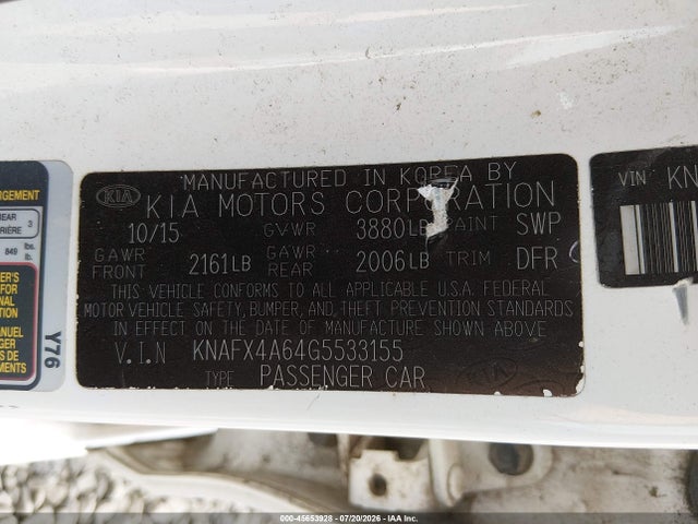 45653928 :رقم المزاد ، KNAFX4A64G5533155 vin ، 2016 Kia Forte Lx مزاد بيع
