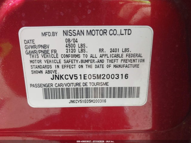 Продаж на аукціоні авто 2005 Infiniti G35, vin: JNKCV51E05M200316, номер лоту: 45653937