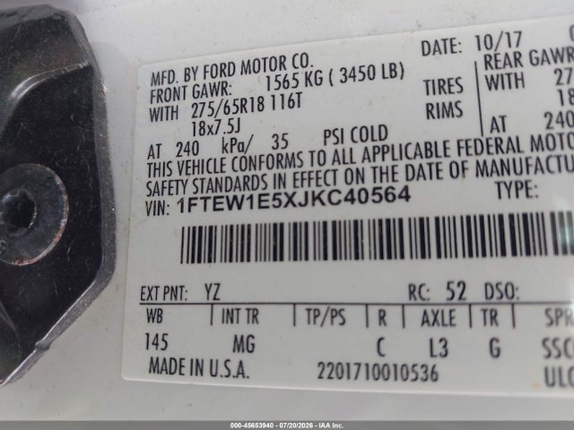 2018 Ford F-150 Xlt მანქანა იყიდება აუქციონზე, vin: 1FTEW1E5XJKC40564, აუქციონის ნომერი: 45653940
