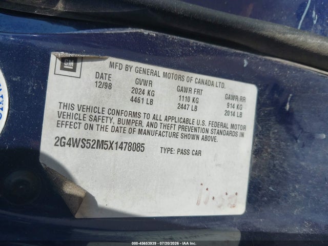 1999 Buick Century Custom მანქანა იყიდება აუქციონზე, vin: 2G4WS52M5X1478085, აუქციონის ნომერი: 45653939