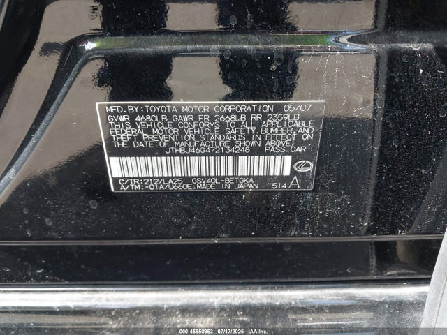 Продаж на аукціоні авто 2007 Lexus Es 350, vin: JTHBJ46G472134248, номер лоту: 45653953