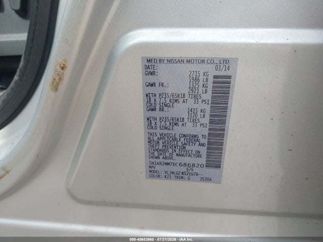 Nissan Pathfinder Sl 2014 5N1AR2MM7EC686820 Image 9