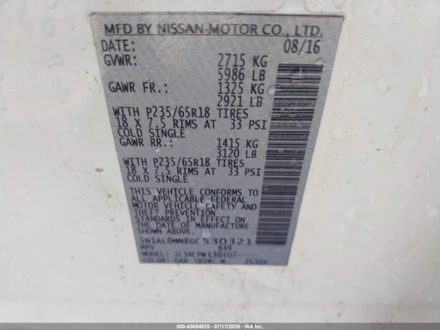 45654025 :رقم المزاد ، 5N1AL0MN8GC530321 vin ، 2016 Infiniti Qx60 مزاد بيع