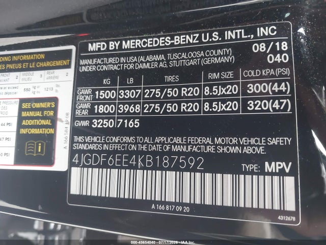 45654040 :رقم المزاد ، 4JGDF6EE4KB187592 vin ، 2019 Mercedes-benz Gls 450 4matic مزاد بيع
