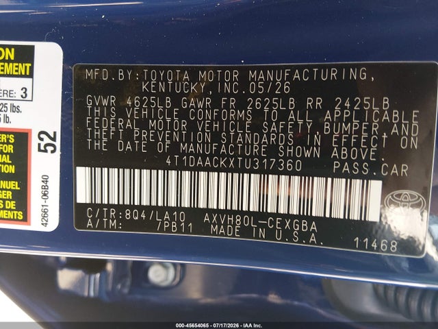 Продажа на аукционе авто 2026 Toyota Camry Xle, vin: 4T1DAACKXTU317360, номер лота: 45654065