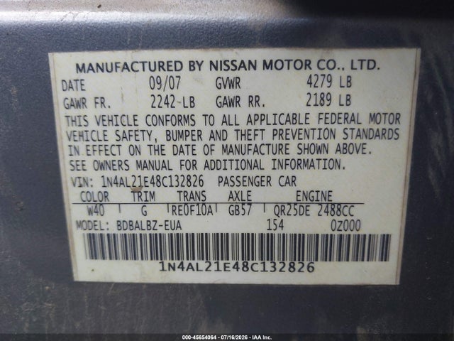 Продаж на аукціоні авто 2008 Nissan Altima 2.5 S, vin: 1N4AL21E48C132826, номер лоту: 45654064