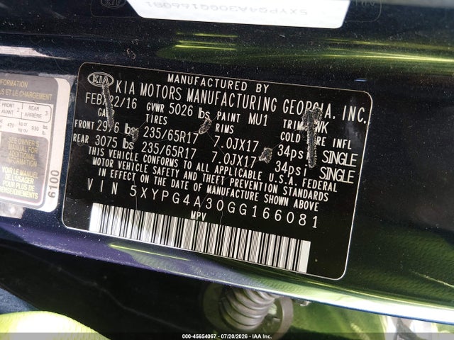 45654067 :رقم المزاد ، 5XYPG4A30GG166081 vin ، 2016 Kia Sorento 2.4l Lx مزاد بيع