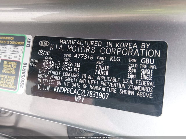 Aukcja sprzedaży 2020 Kia Sportage S, vin: KNDP6CAC2L7831907, numer aukcji: 45654072