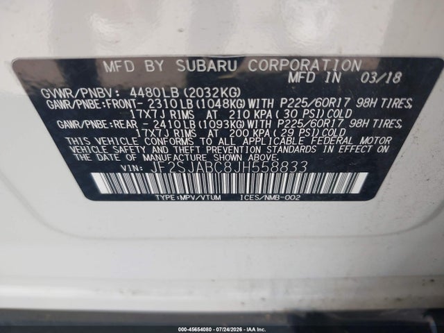Продаж на аукціоні авто 2018 Subaru Forester 2.5i, vin: JF2SJABC8JH558833, номер лоту: 45654080