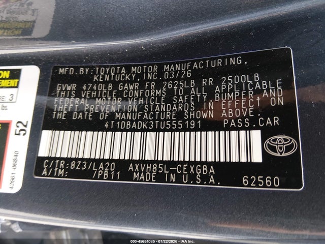 45654085 :رقم المزاد ، 4T1DBADK3TU555191 vin ، 2026 Toyota Camry Xle مزاد بيع