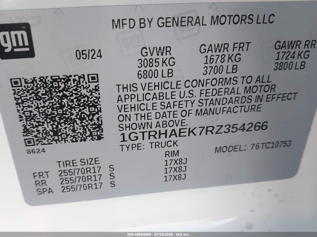 45654090 :رقم المزاد ، 1GTRHAEK7RZ354266 vin ، 2024 Gmc Sierra 1500 2wd  Standard Box Pro مزاد بيع