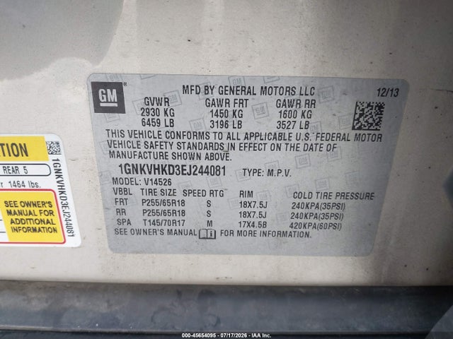 Chevrolet Traverse 2lt 2014 1GNKVHKD3EJ244081 Image 9