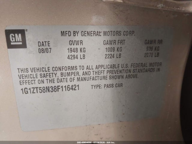 45654098 :رقم المزاد ، 1G1ZT58N38F116421 vin ، 2008 Chevrolet Malibu Classic Lt مزاد بيع