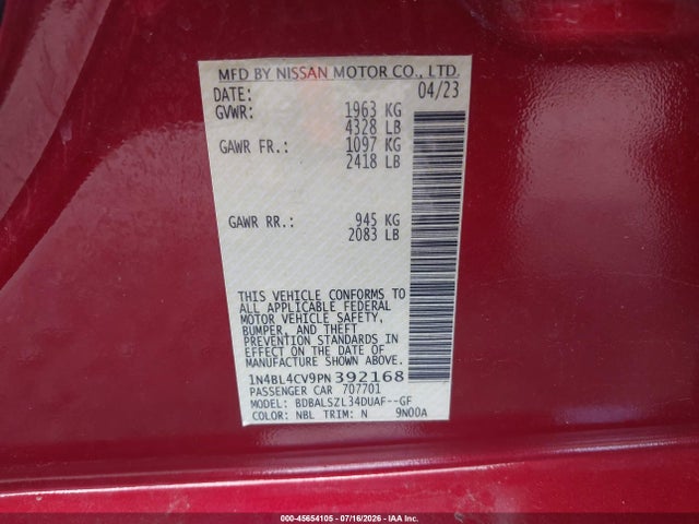 45654105 :رقم المزاد ، 1N4BL4CV9PN392168 vin ، 2023 Nissan Altima Sr Fwd مزاد بيع