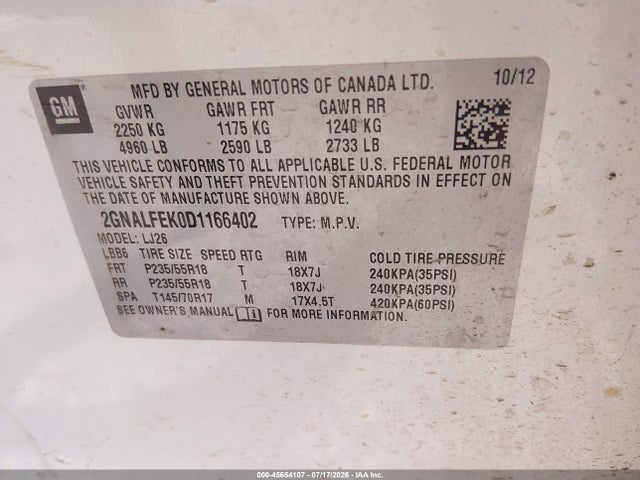 Продажа на аукционе авто 2013 Chevrolet Equinox Ltz, vin: 2GNALFEK0D1166402, номер лота: 45654107