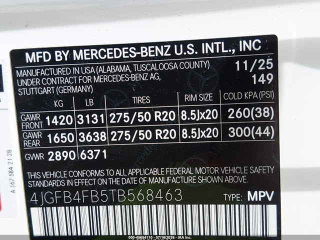 2026 Mercedes-benz Gle 350 მანქანა იყიდება აუქციონზე, vin: 4JGFB4FB5TB568463, აუქციონის ნომერი: 45654110