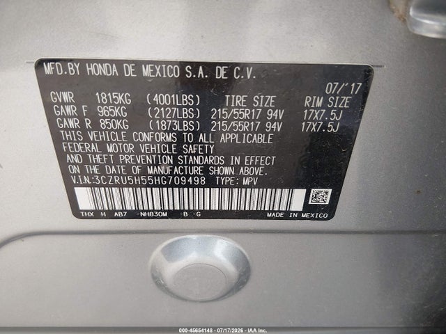 2017 Honda Hr-v Ex მანქანა იყიდება აუქციონზე, vin: 3CZRU5H55HG709498, აუქციონის ნომერი: 45654148