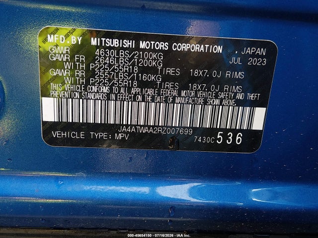 45654150 :رقم المزاد ، JA4ATWAA2RZ007699 vin ، 2024 Mitsubishi Eclipse Cross Se S-awc/sel S-awc مزاد بيع