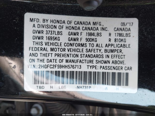 Aukcja sprzedaży 2017 Honda Civic Lx, vin: 2HGFC2F59HH576713, numer aukcji: 45654176