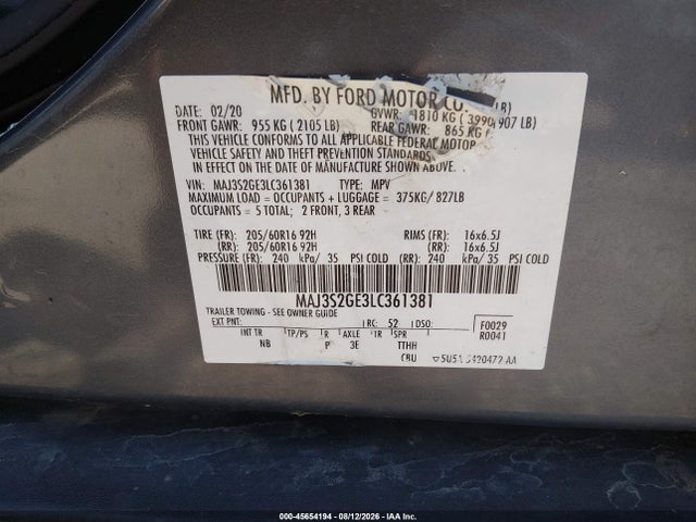45654194 :رقم المزاد ، MAJ3S2GE3LC361381 vin ، 2020 Ford Ecosport Se مزاد بيع