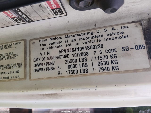 Продажа на аукционе авто 2009 Hino 258/268, vin: 5PVNJ8JN094S50226, номер лота: 45654196
