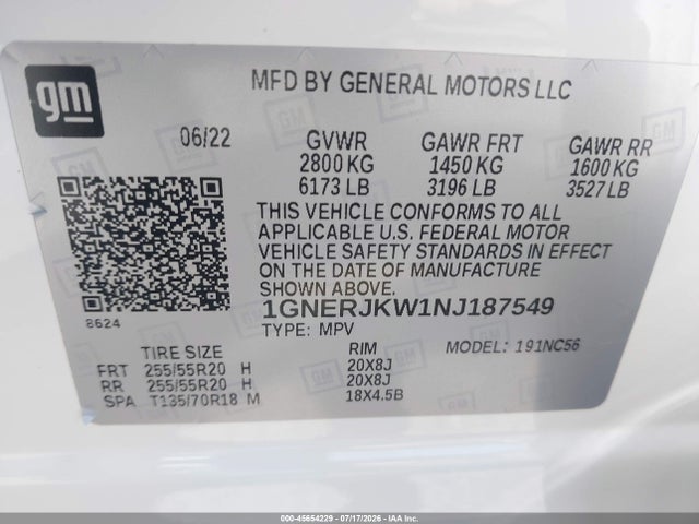 1GNERJKW1NJ187549 Chevrolet Traverse Fwd Rs