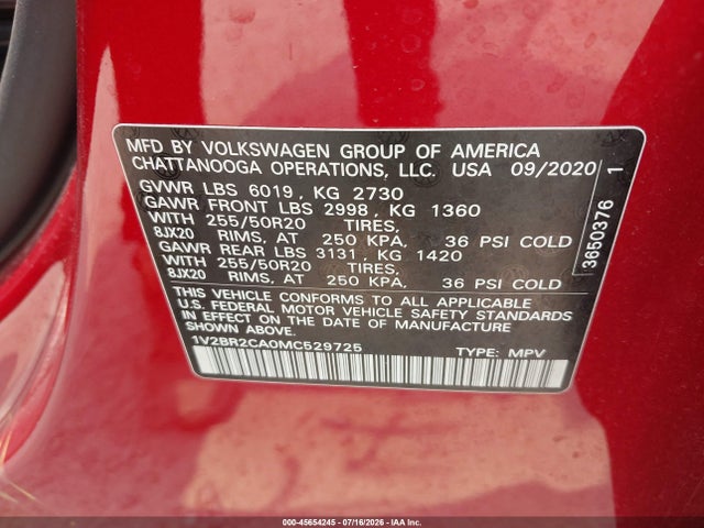 Aukcja sprzedaży 2021 Volkswagen Atlas 3.6l V6 Sel, vin: 1V2BR2CA0MC529725, numer aukcji: 45654245