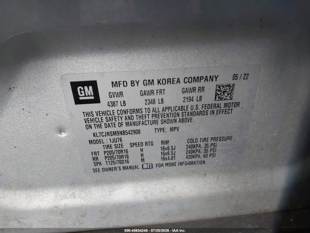 2022 Chevrolet Trax Awd Ls მანქანა იყიდება აუქციონზე, vin: KL7CJNSM9NB542908, აუქციონის ნომერი: 45654248