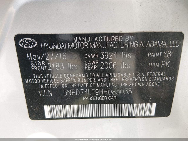 45654263 :رقم المزاد ، 5NPD74LF9HH085035 vin ، 2017 Hyundai Elantra Se مزاد بيع