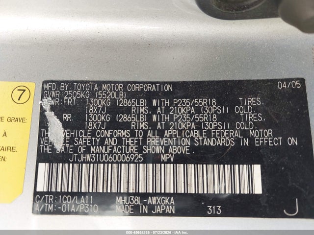 Aukcja sprzedaży 2006 Lexus Rx 400h, vin: JTJHW31U060006925, numer aukcji: 45654266
