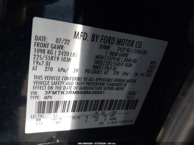 Продажа на аукционе авто 2022 Ford Mustang Mach-e Premium, vin: 3FMTK3RM9NMA38941, номер лота: 45654269