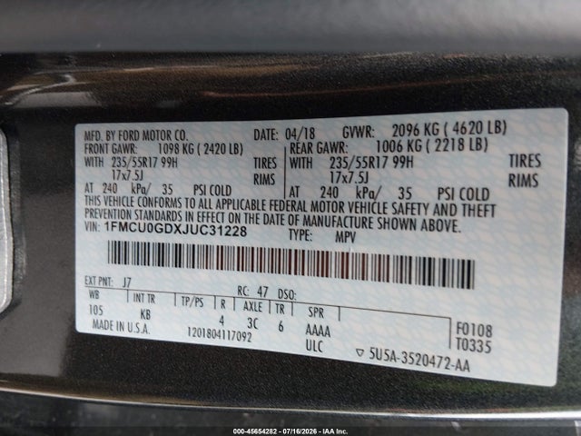 Aukcja sprzedaży 2018 Ford Escape Se, vin: 1FMCU0GDXJUC31228, numer aukcji: 45654282