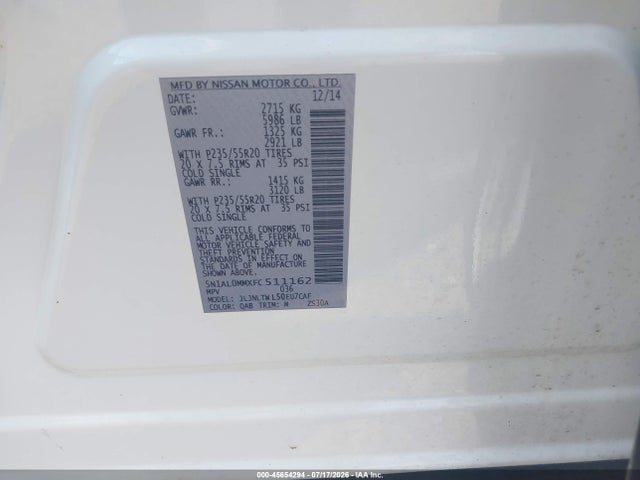 Продажа на аукционе авто 2015 Infiniti Qx60, vin: 5N1AL0MMXFC511162, номер лота: 45654294