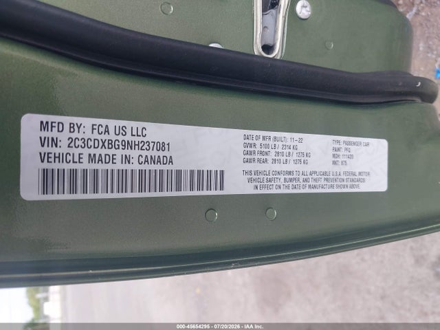 45654295 :رقم المزاد ، 2C3CDXBG9NH237081 vin ، 2022 Dodge Charger Sxt Rwd مزاد بيع