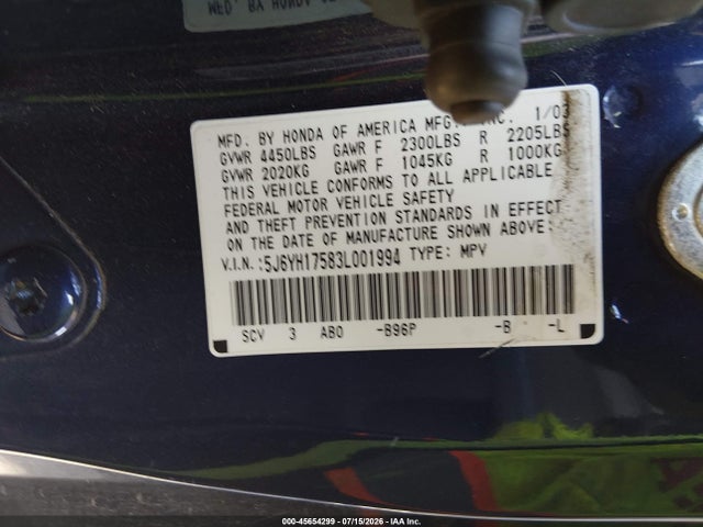 Aukcja sprzedaży 2003 Honda Element Ex, vin: 5J6YH17583L001994, numer aukcji: 45654299