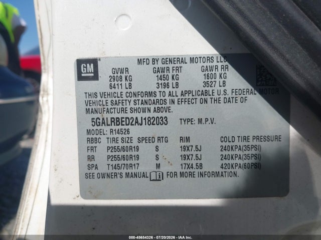45654326 :رقم المزاد ، 5GALRBED2AJ182033 vin ، 2010 Buick Enclave 1xl مزاد بيع